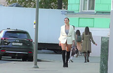 Independent Woman. Jeny Smith in pantyhose without panties in public